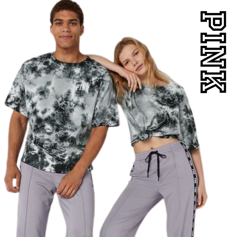 VICTORIA'S SECRET PINK- Grey Oasis Tie Dye Varsity Short Sleeve - Medium- Unisex